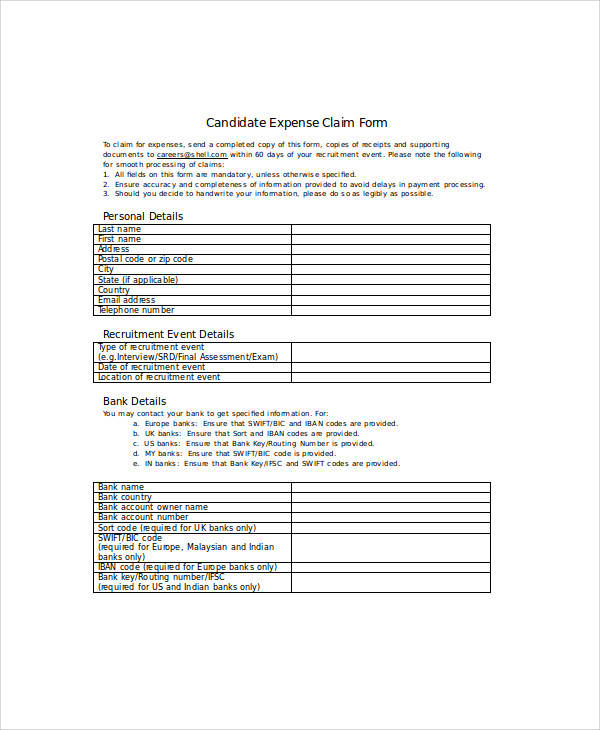 expense claim form for candidate