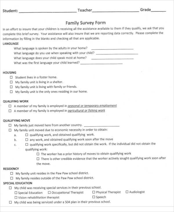 family survey form example
