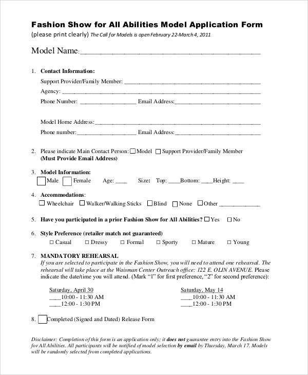 fashion model application form