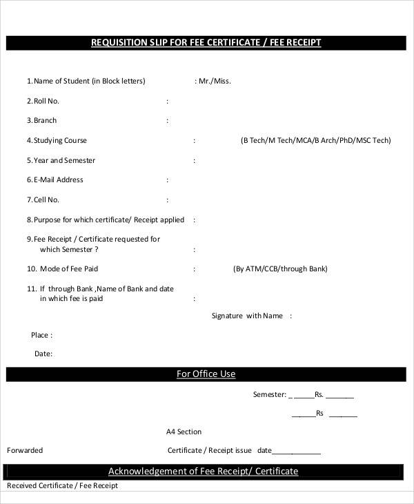 fee certificate requisition slip form