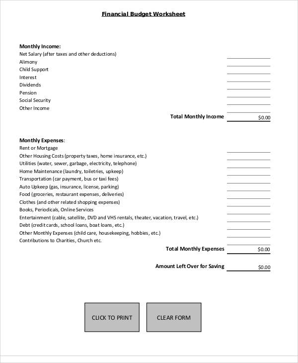 financial budget form sample