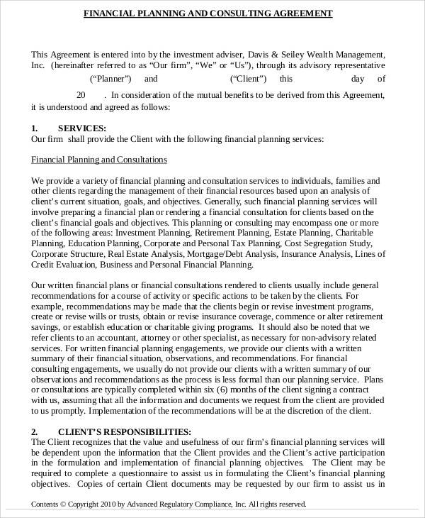 financial consulting plan agreement form