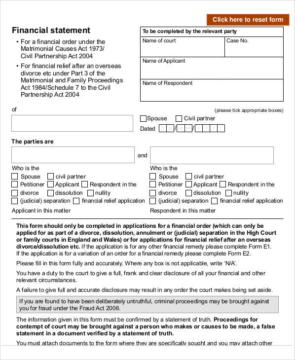 financial order statement form
