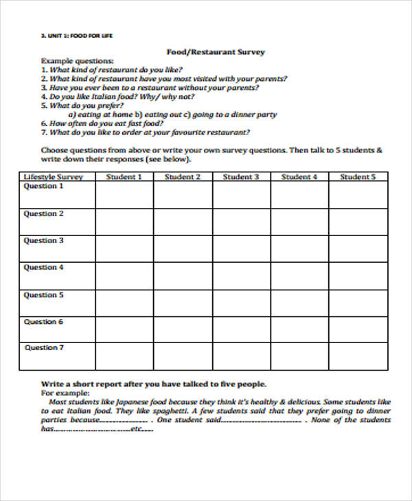 food restaurant survey form