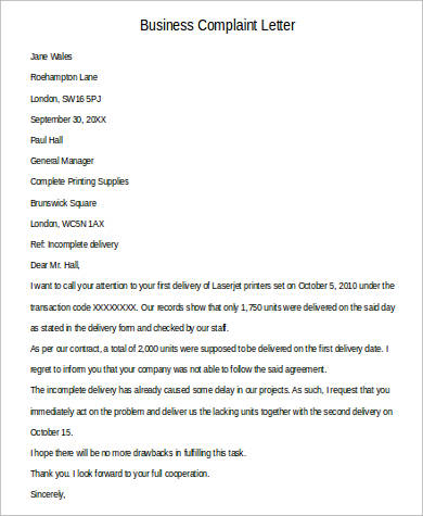 formal business complaint letter example in word