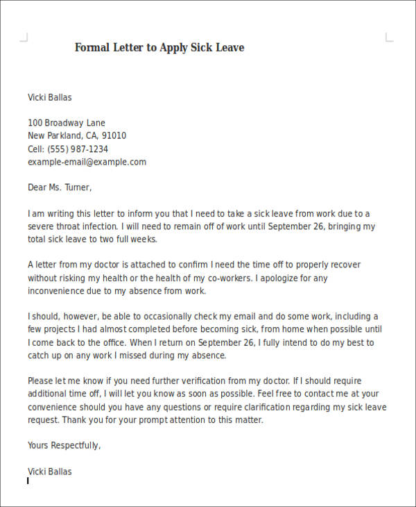 FREE 8+ Formal Sick Leave Letter Templates in PDF   MS Word   Google ...