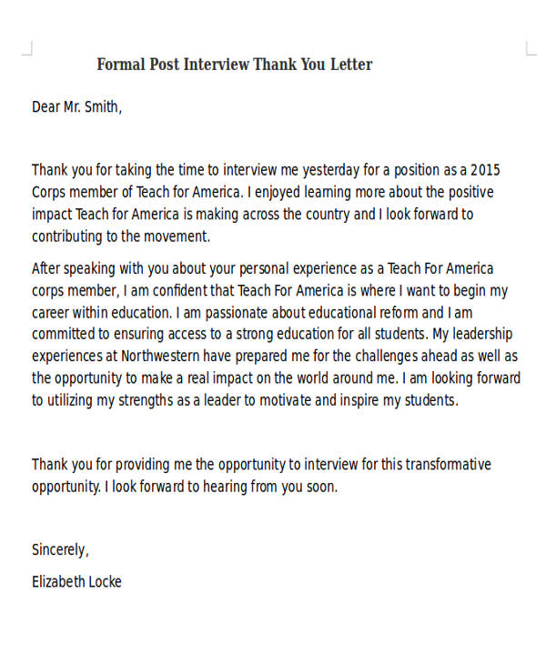 formal post interview thank you letter