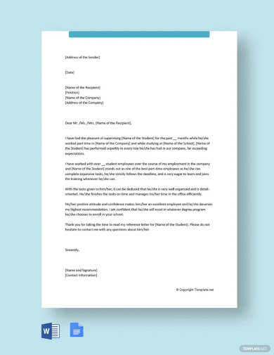 free college reference letter for student template