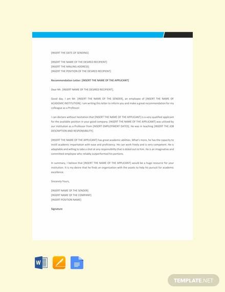 free professor recommendation letter template