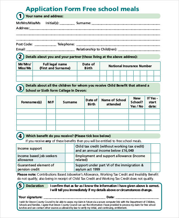 free school meals application form