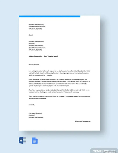 free vacation leave letter for office template