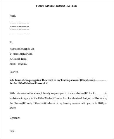 fund transfer request letter