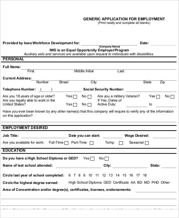 generic employment application form