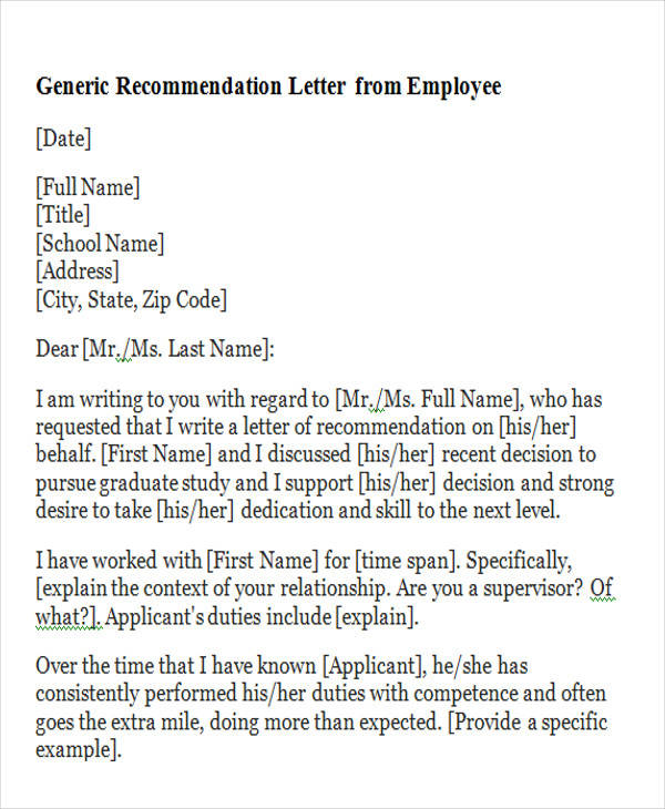 generic recommendation letter from employee
