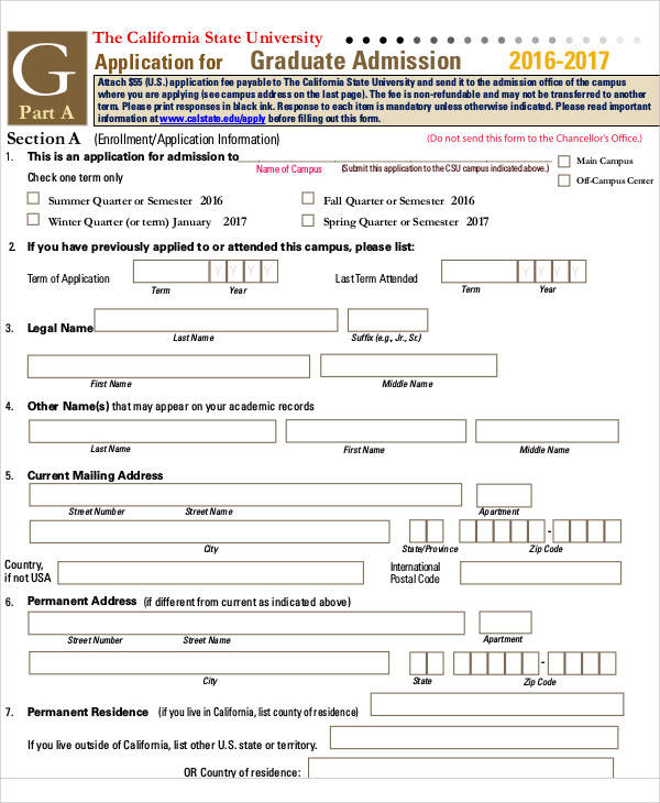 graduate admissions application form
