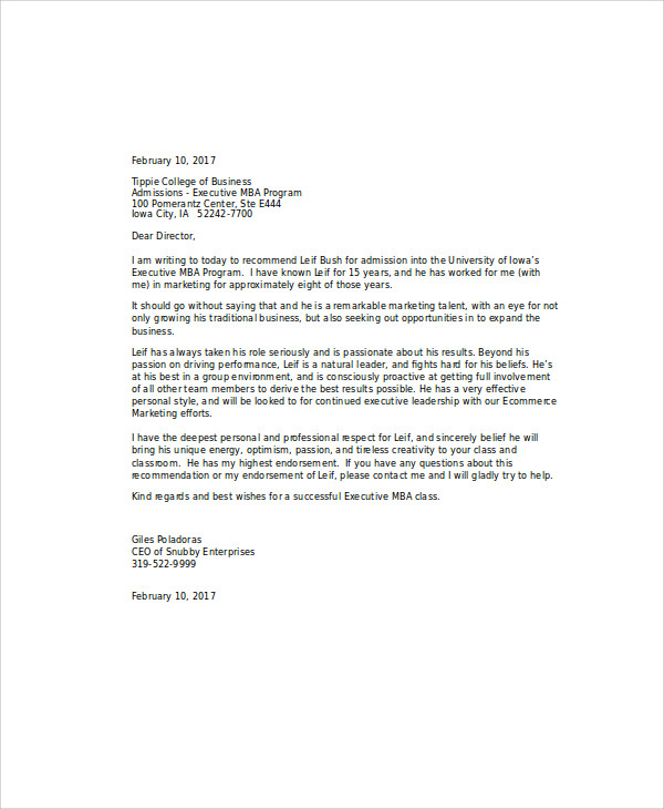 graduate program recommendation letter