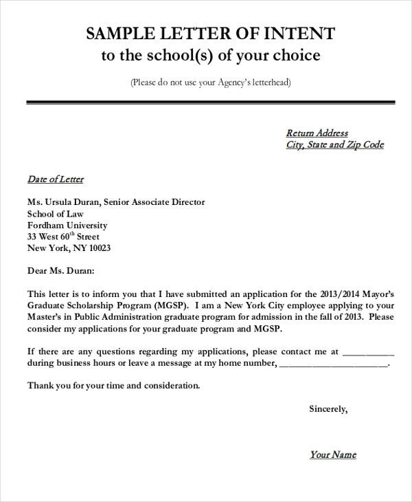 graduate school admission letter of intent