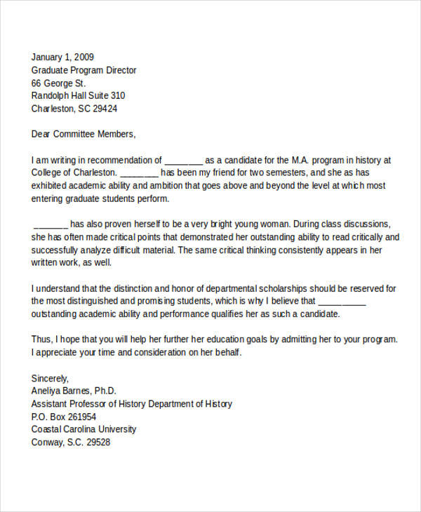 Reference Letter For Graduate Studies