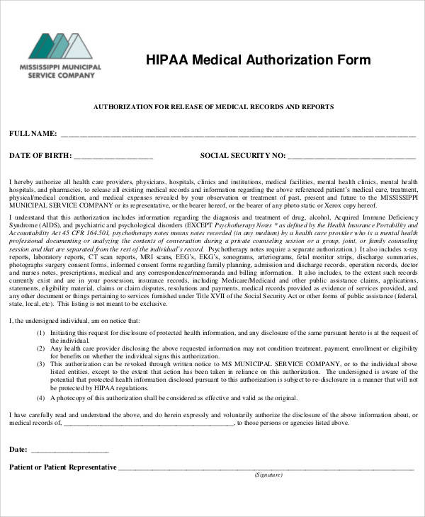 hipaa medical authorization form
