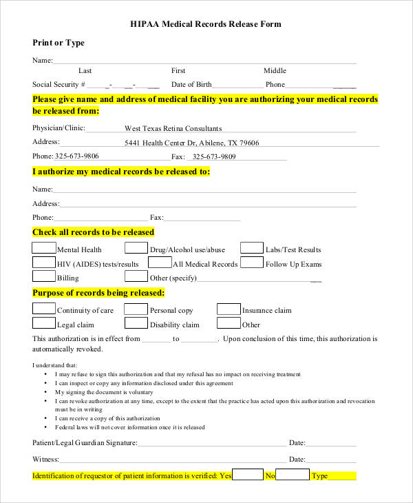 Free Medical Records Release Authorization Form Hipaa