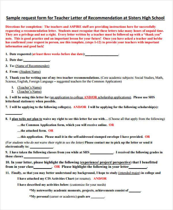 high school recommendation letter request format