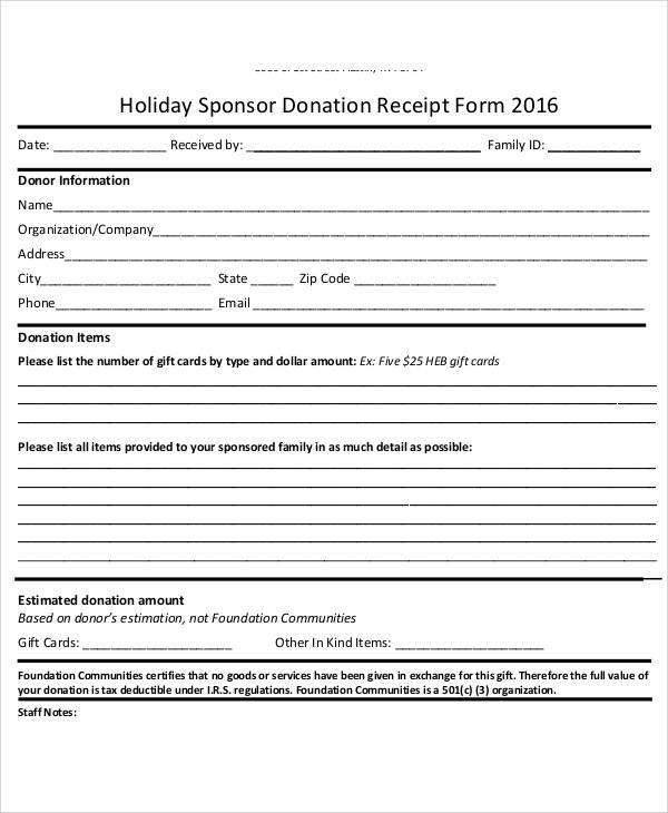 holiday sponsor donation receipt form