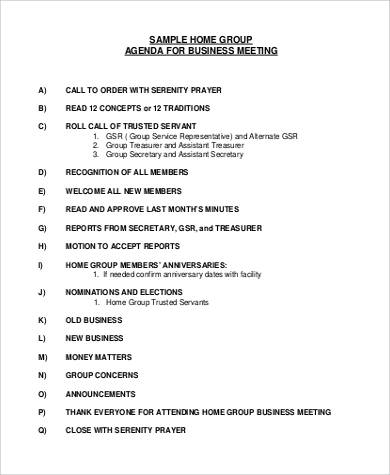 home group agenda for business meeting