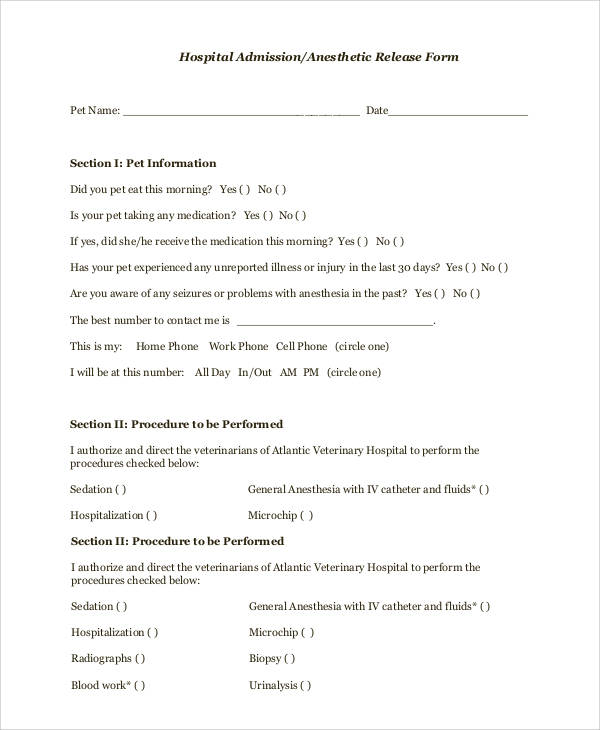 hospital admission anesthetic release form