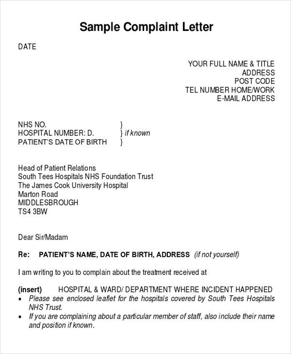 hospital patient complaint letter
