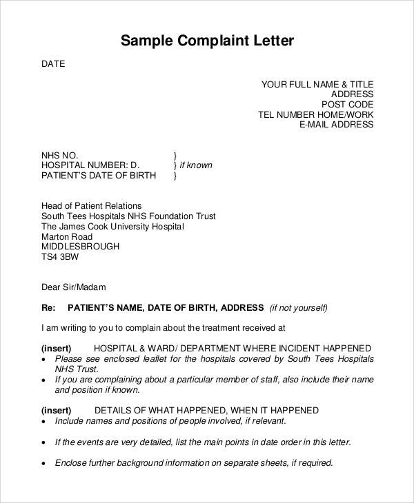 hospital patient complaint letter1