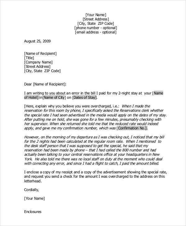 hotel bill complaint letter