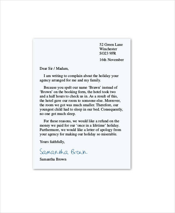 hotel complaint letter example