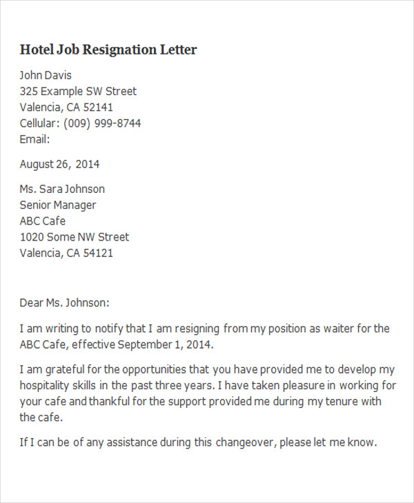 hotel job resignation letter1