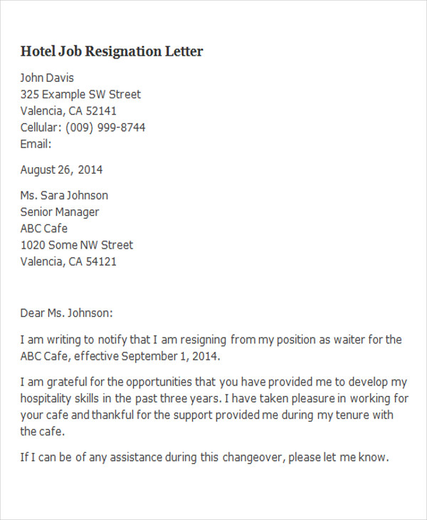 Formidable Info About Resignation Letter Format Hotel Industry 
