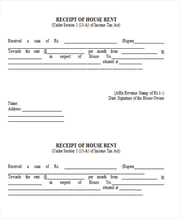 house rent receipt form sample