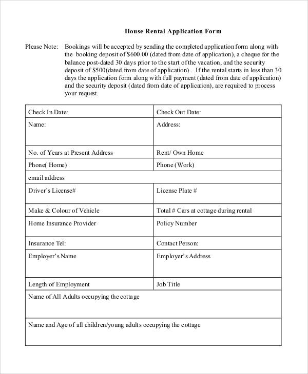 Sample House Rental Application Form 