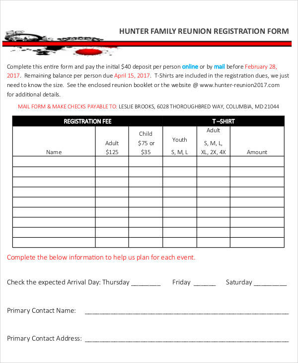 hunter family reunion registration form