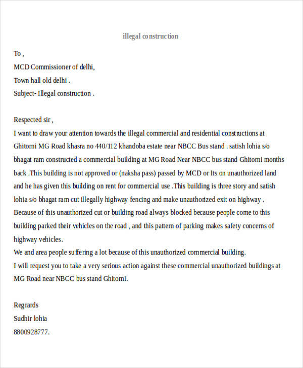 illegal construction complaint letter1