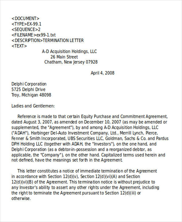 immediate termination of contract letter