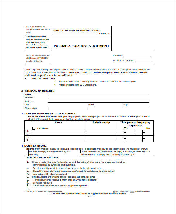 income expense statement form