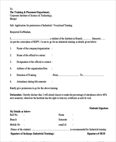 industrial training placement application letter
