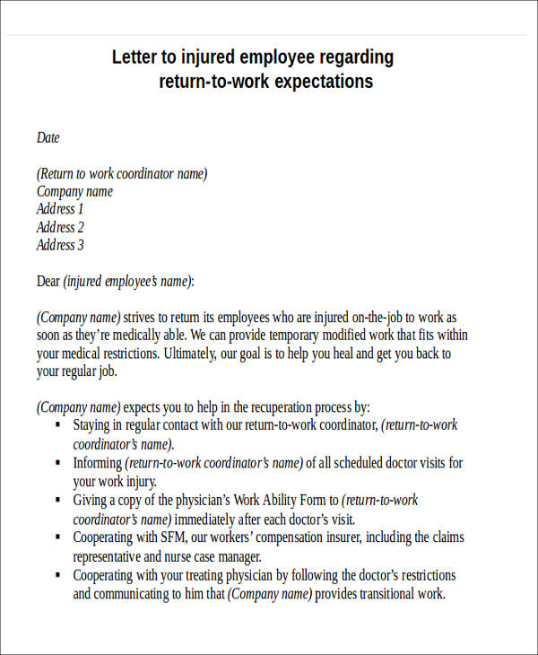 injured employee work letter