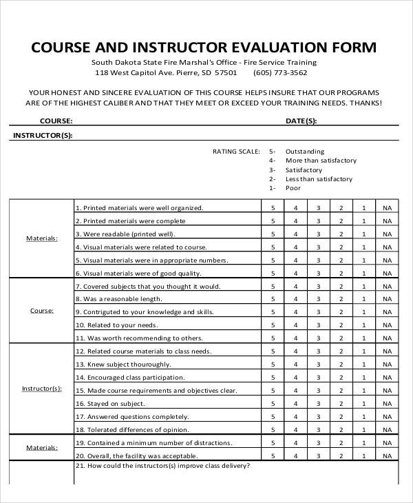 instructor course evaluation form