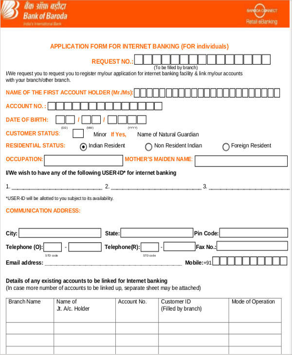 internet banking application form