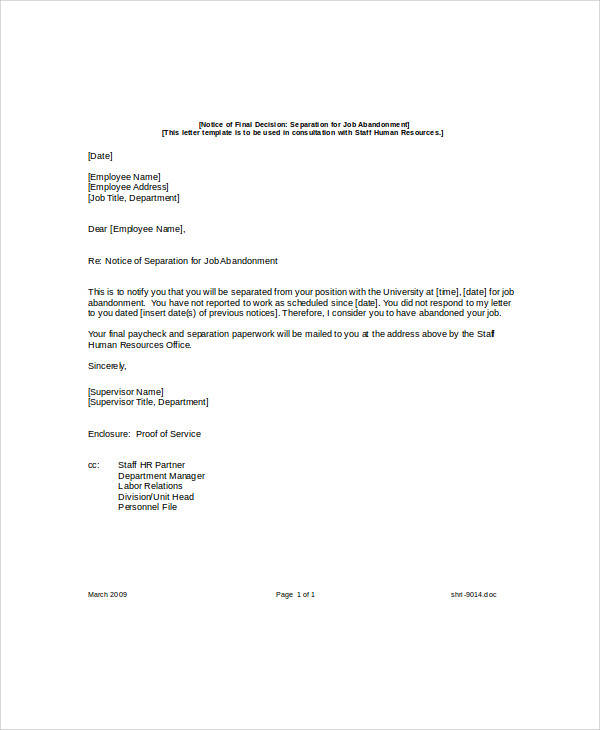 job abandonment separation letter