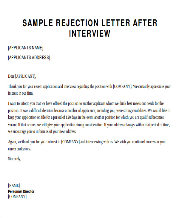 job application rejection letter