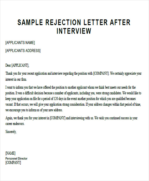 job proposal rejection letter