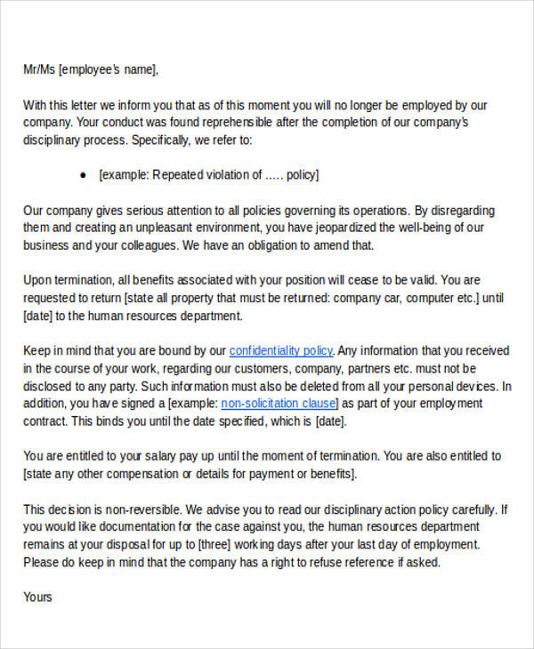 job termination letter by employee