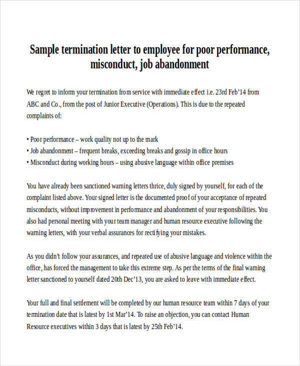 Sample Employee Termination Letter For Poor Work Quality from images.sampletemplates.com