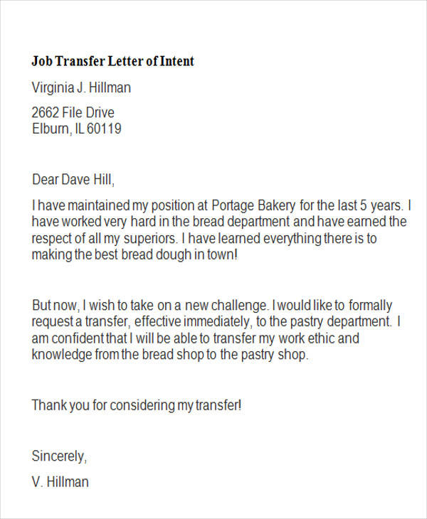 job transfer letter of intent